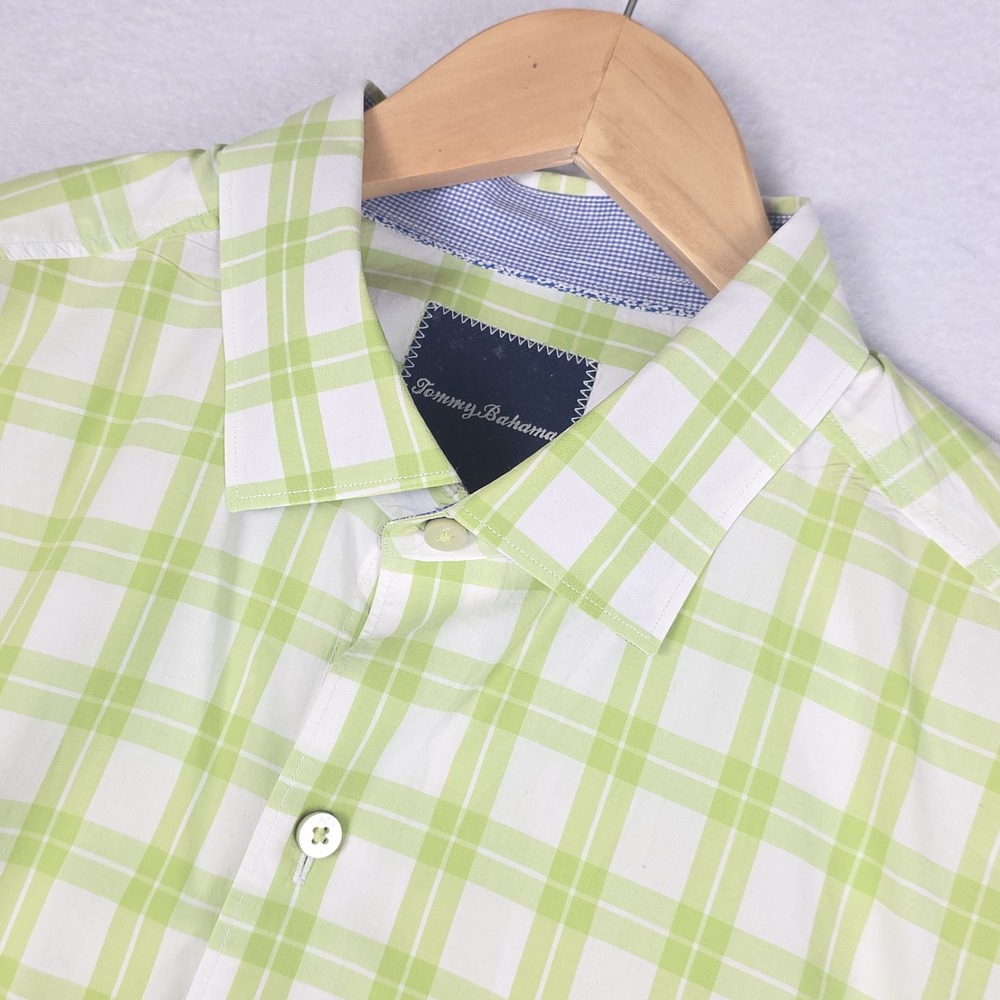 Tommy Bahama Mens‎ Button Up Shirt L  Bright Green Pima Plaid Pocket Logo Preppy